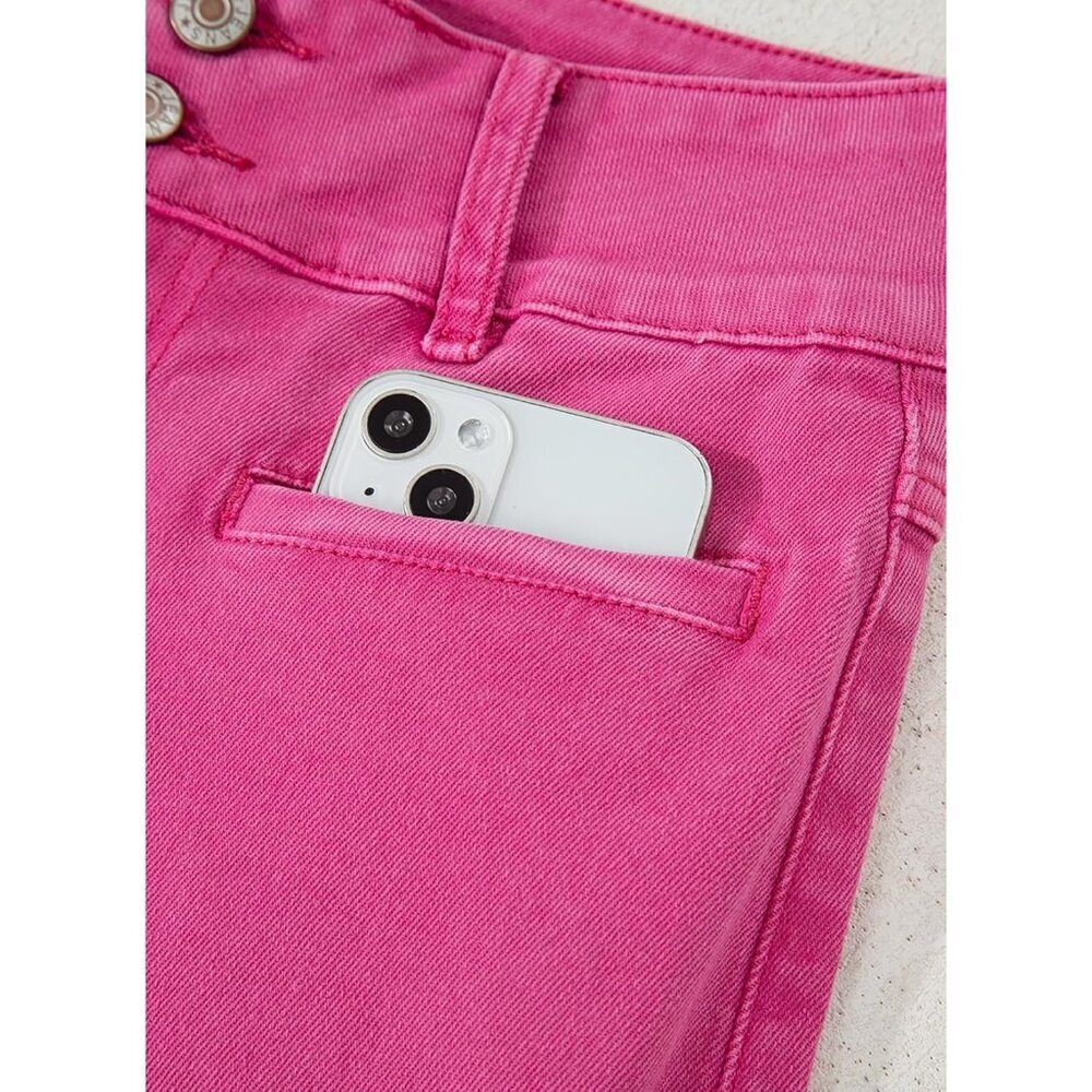 Women's Hot Pink High Waisted Straight Leg Stretchy Trendy Loose Denim Pants - Picture 5 of 6